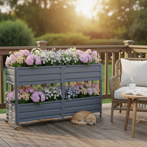 Dual Tier Elevated Metal Raised Garden Bed with Lockable Wheels