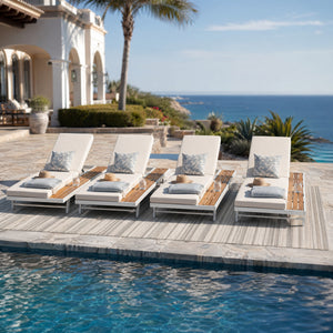 White Iron and Teak Finish Chaise Lounge Set with Cream Cushion