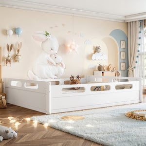 Queen Size Floor Platform Bed with Guardrails