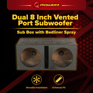 QPower QBOMB8V Dual 8 Inch Vented Port Subwoofer Sub Box with Bedliner Spray