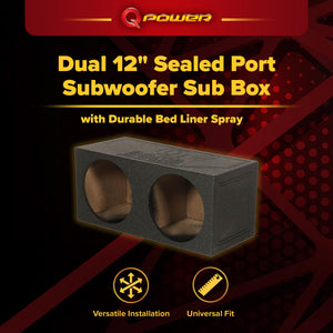 Q Power QBomb QBOMB12S Dual 12" Sealed Port Subwoofer Sub Box w/ Bedliner Spray