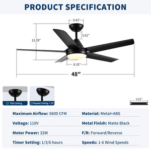 Ceiling Fan With Lights And Remote Control, Reversible DC Motor, 6 Speeds, 3 Cct Dimmable LED, Quiet Timer For Indoor - Black