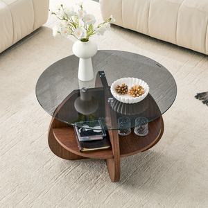 Creative Cross-Structure Round Coffee Table with Glass Top