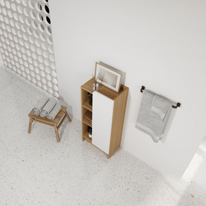 Freestanding Bathroom Side Cabinet, Narrow Storage Cabinet With Single Door & 3 Tier Open Shelves - Black / Light Oak / White