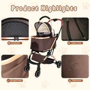 Pet Stroller for Dogs and Cats, 2-in-1 Detachable Foldable With Sun Canopy