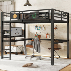 Full Size Loft Bed Frame with Desk and Charging Port