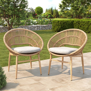 Cyril Outdoor Wicker Papasan Style Dining Chair with Teak Finished Legs - Set of 2