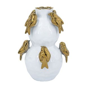 8.5x8.5x14 White Two-Tiered Ceramic Vase with Gold Bird Accents