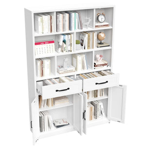 Bookcase Tall With 2 Doors & 2 Drawers, Fixed Open Shelves - White