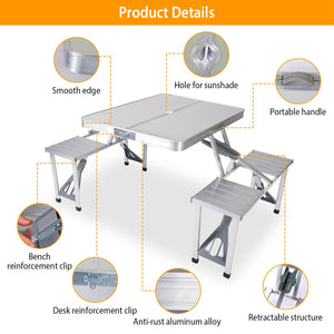 Folding Picnic Table w/ 4 Seats Umbrella Hole 33.7x26.4in Portable Aluminum Table Total 859LBS Weight Capacity for Camping Barbeque Outdoor
