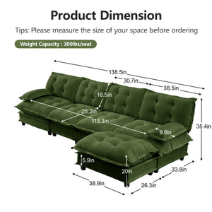 138" L Shaped Modern Sofa Modular Sectional Cloud Couch with Ottoman