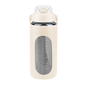 34Oz Glass Water Bottle Sports Water Bottle Motivational Water Bottle Water Intake Tracker Bottle with Straw Time Marker Silicone Sleeve Handle for Gy