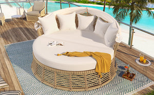 Outdoor Patio Rattan Round Daybed with Retractable Canopy
