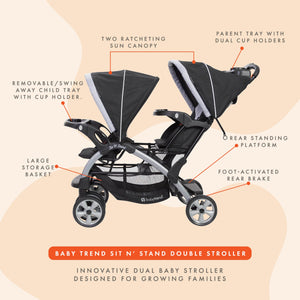 Baby Trend Sit N' Stand Easy Fold Travel Toddler & Baby Double Stroller, Stormy