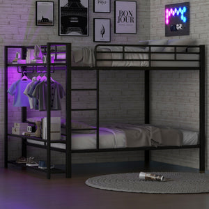 Bunk Bed With Storage Shelves, Clothes Hooks, LED Light