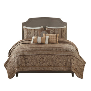 6 Piece Jacquard Quilt Set with Throw Pillows – Brown/Gold King/Cal King