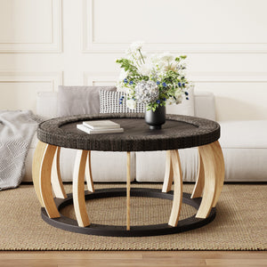 Vintage Rattan Solid Wood Round Coffee Table