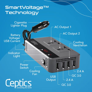 Ceptics 200W Car Power Inverter Charger with Digital Display and SmartVoltage™ Technology (PI-200W4U) - TRAPSKI
