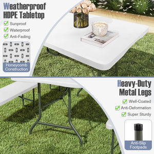 8 ft Portable Folding Table 350 LBS Fold-in-Half Table with HDPE Tabletop
