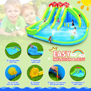 7-in-1 Inflatable Water Park Three Slide with Blower and Climbing Wall for Children