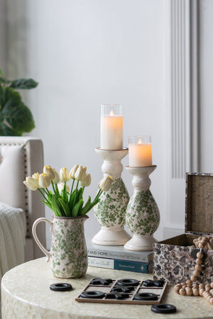 D4.7x10' White Ceramic Candle Holder with Green Floral Patterns, Small