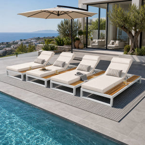 White Iron & Teak Finish Chaise Lounge Set: 1 Frame + 1 4-Fold