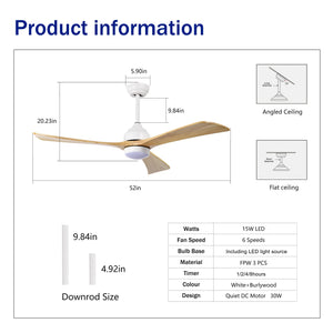 52" Solid Wood Blades Ceiling Fan with Lights and Remote Control