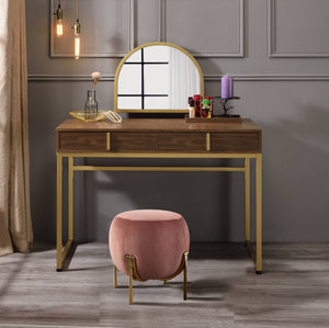 Coleen Walnut & Gold Finish Vanity Desk with Mirror & Jewelry Tray