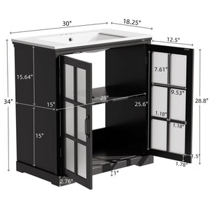 Modern Bathroom Vanity With Ceramic Sink, Tempered Blurred Glass Doors