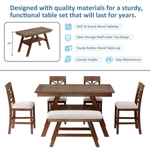 Topmax 6-Piece Wood Counter Height Dining Table Set with Storage Shelf