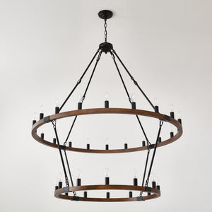 Large Solid Wood Wagon Wheel Chandelier, 2-Tier 32-Lights