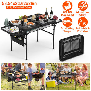 Foldable Camping Table Collapsible Picnic Aluminum Alloy Grill Stand BBQ Table with 66LBS Max Load Adjustable Height 2 Side Wing Trays Storage Net
