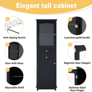 Tall Bathroom Storage Cabinet With Glass Doors, Free-Standing, Two Drawers, And Adjustable Shelves, Board, Painted Perfect For Displaying Your Favorite Items