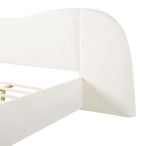 King Size Upholstered Bed Frame With Boucle Fabric Curved And Wide Headboard