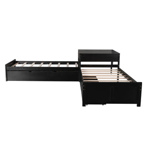 L Shaped Platform Bed With Trundle And Drawers Linked With Built In Desk