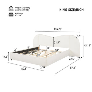 King Size Upholstered Bed Frame With Boucle Fabric Curved And Wide Headboard