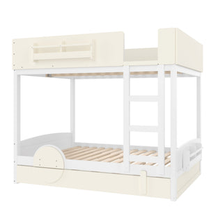 Full Bunk Bed with Trundle, Wood Bunk Bed Frame with Bookshelf
