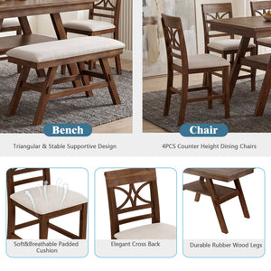 Topmax 6-Piece Wood Counter Height Dining Table Set with Storage Shelf