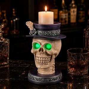 Skull Candle Holder with Glowing Eyes - Resin Gothic Halloween Decor