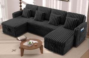 U Shaped Plush Corduroy Fluffy Sectional Sleeper Sofa