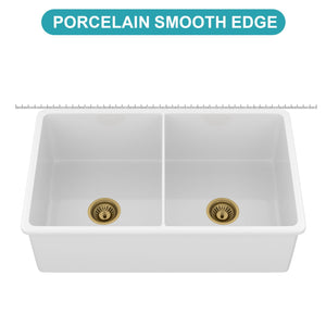 32" Undermount Double Bowl Kitchen Sink Rectangular Deep Dual Bas With Grids - White