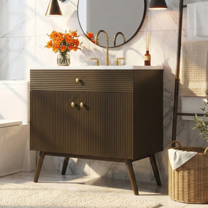 36" Luxury Striped Bathroom Vanity, Soft-Close Dual-Door Storage & Premium Ceramic Sink