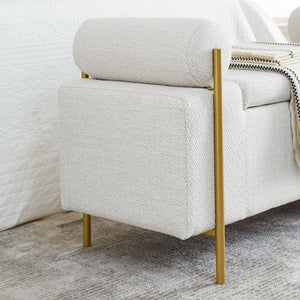 Elegant Upholstered Storage Bench With Cylindrical Arms And Iron Legs,