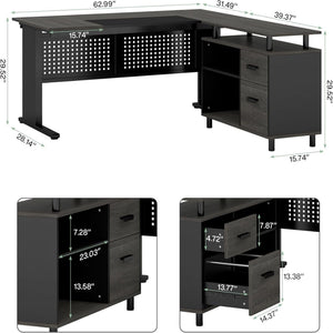 L-Shaped Executive Desk With File Cabinet, Office Workstation With Drawers, Shelves & Storage