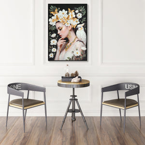 Beauty Lady Wall Art Gold and White Floral Canvas 24x36 Inch