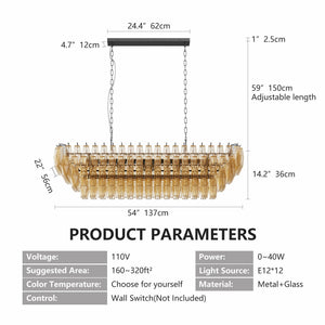 54-Inch Black Rectangular 12-Light Smoke Glass Chandelier