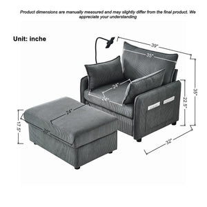 Comfy Corduroy Oversized Chaise Lounge Chair with Ottoman and Storage
