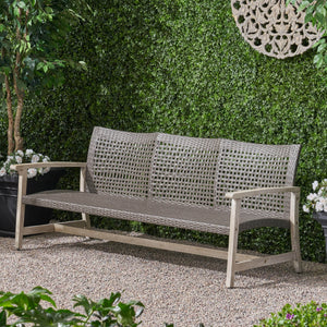 Outdoor Acacia Wood Wicker 3 Seater Sofa