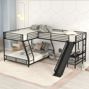 L-Shaped Twin Over Full Bunk Bed With Twin Loft, Built In Desk And Slide - Black
