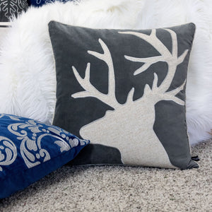 Holiday Reindeer Velvet Accent Pillow 20x20 – Gray and White